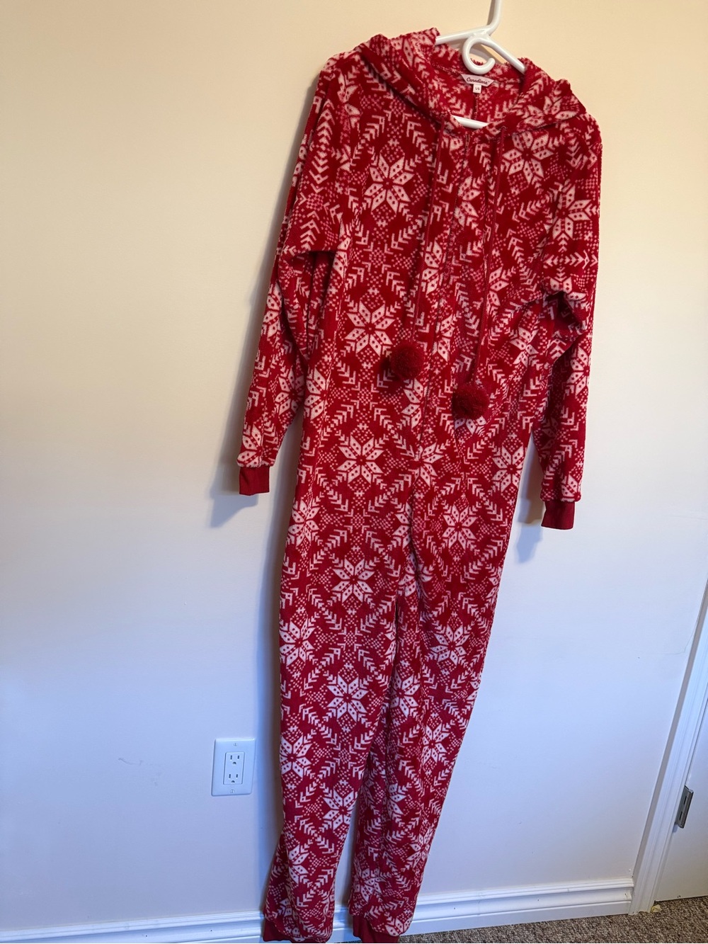 Holiday Red Snowflake Hooded Onesie with Pom-Tie